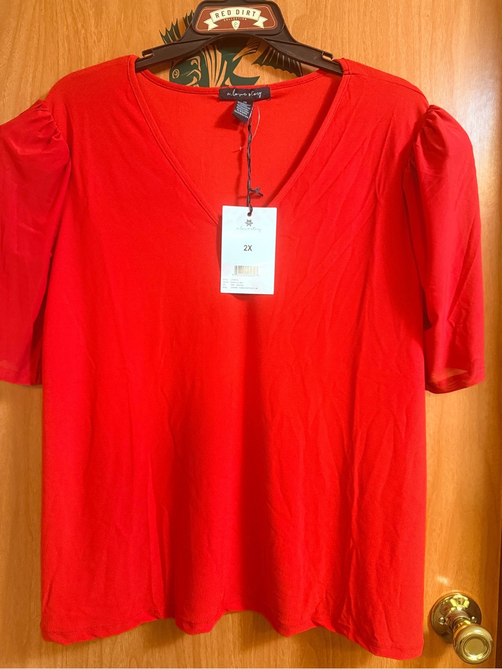 A love story Red V-Neck Short Sleeve Top with Puff Shoulders